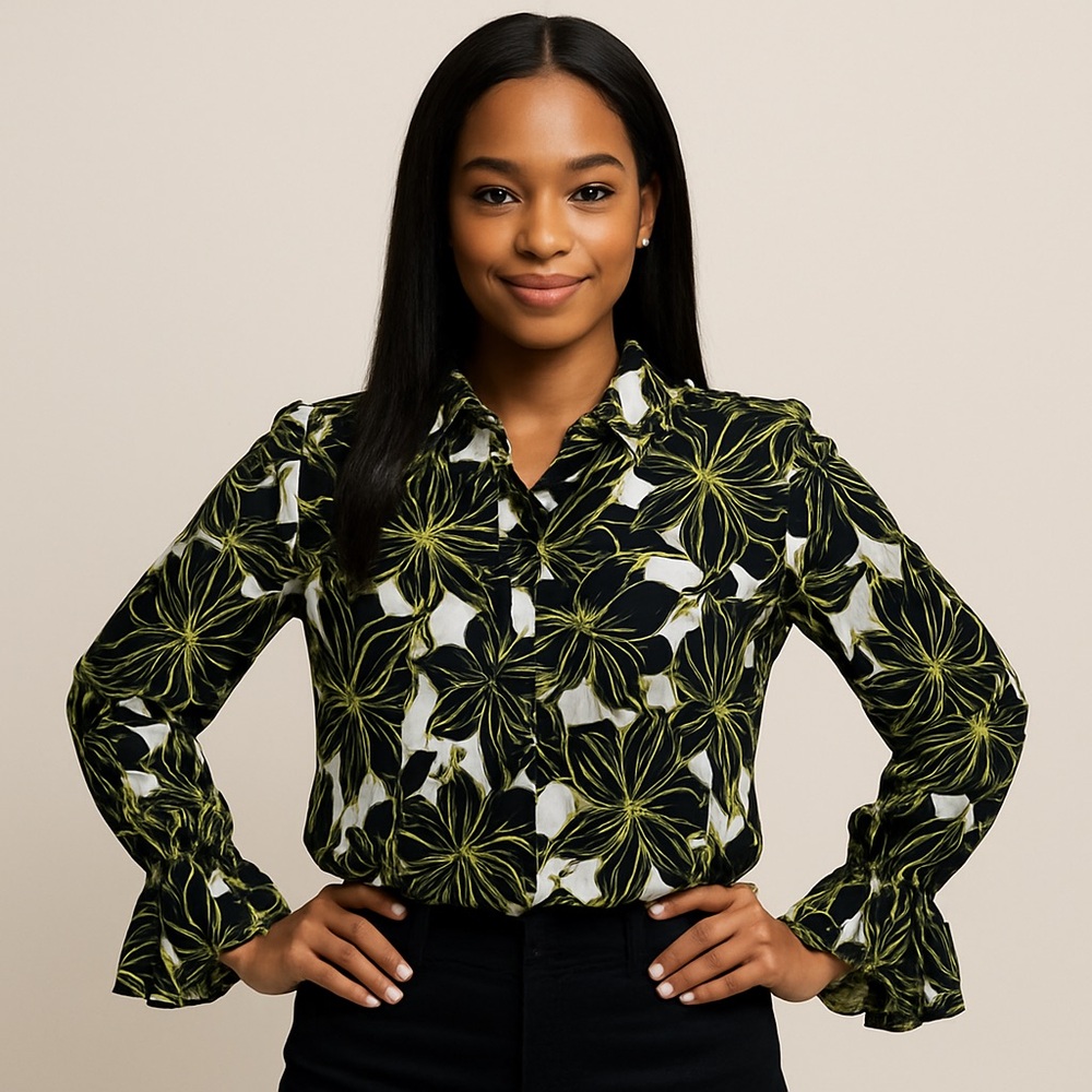 Milly Floral Black and Green Women's Top Size L